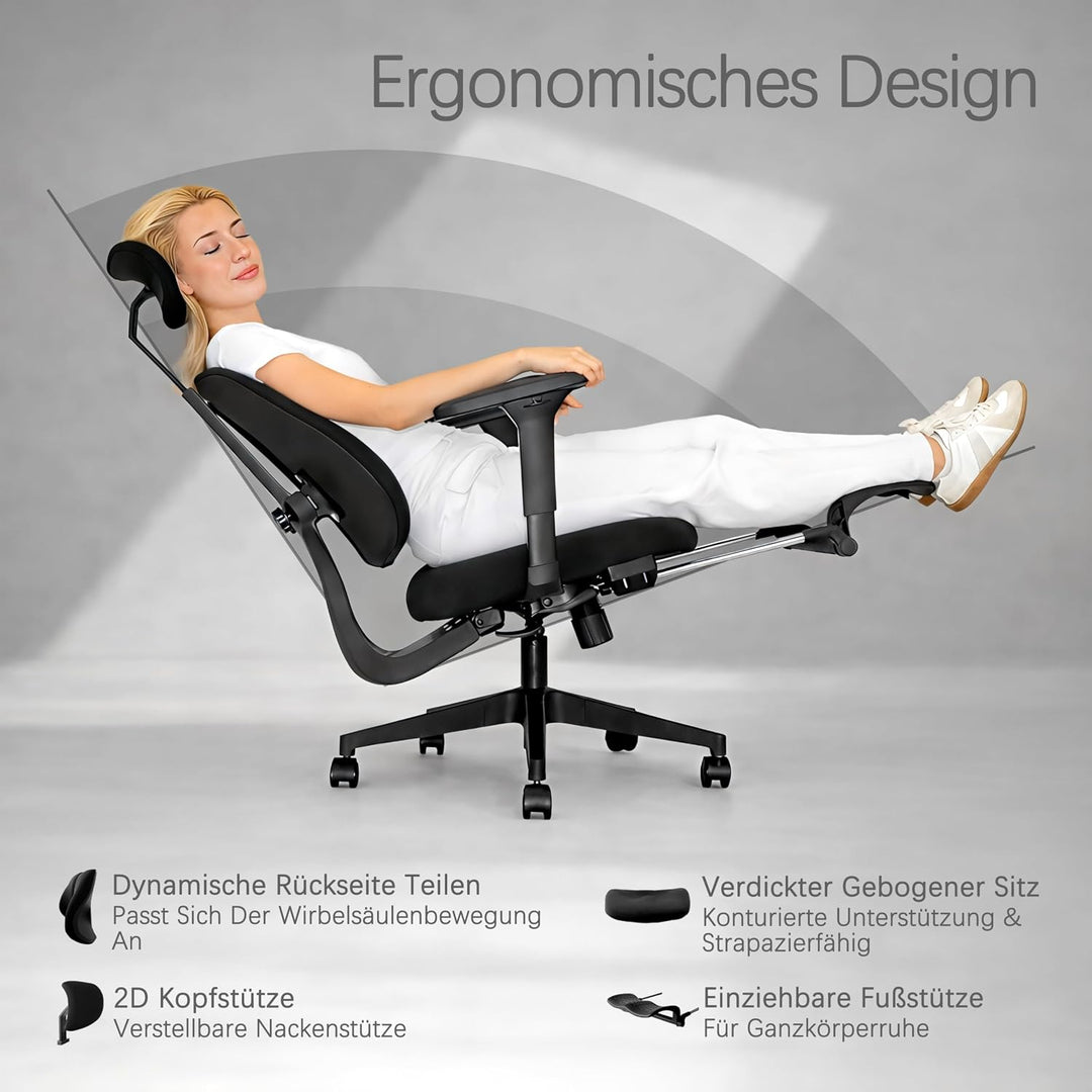 FLEX Ergonomischer Bürostuhl mit dynamisch geteilter Rückenlehne, 8 cm ultra-verdickter Sitz aus hoc