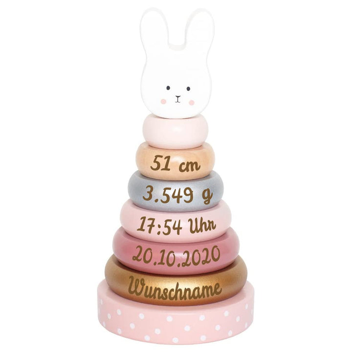 Elefantasie Stapelturm aus Holz Hase personalisierbar mit Name und Geburtsdaten Baby Geschenk mit Gr