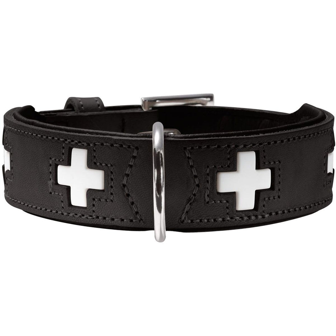 HUNTER SWISS Hundehalsband, Leder, hochwertig, schweizer Kreuz, 47 (S-M), schwarz schwarz 47 (S-M) C