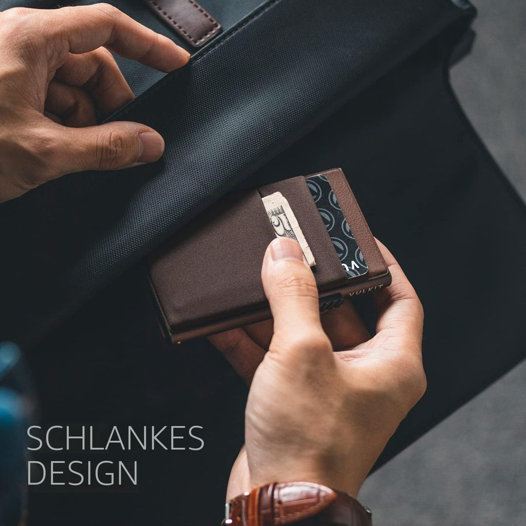 VULKIT Kreditkartenetui mit EDC-Fächern und Ausweisfenster, RFID-blockierende Pop Up Karten Geldbörs
