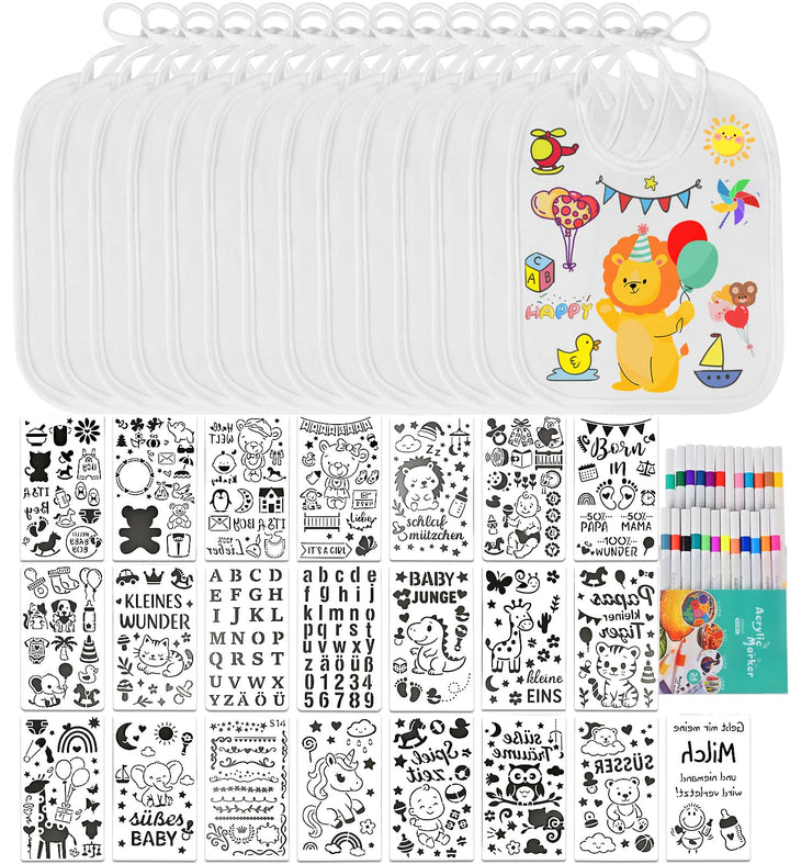 Faburo 14 Stück Lätzchen zum Bemalen, Babyparty Spiele Set mit Baby Lätzchen (18 * 22cm)+22 Malen Sc