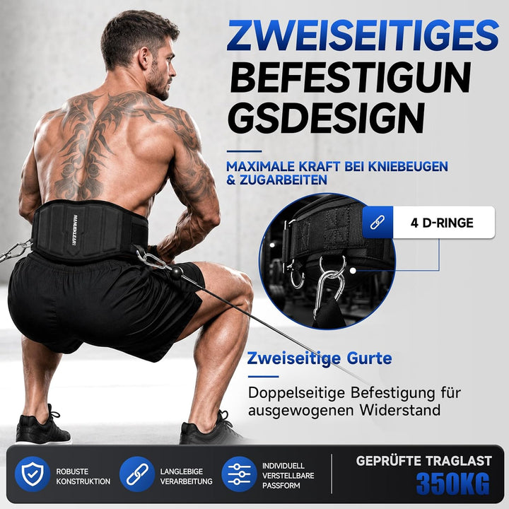 MANUEKLEAR 4-in-1 Gewichthebergürtel mit Rückenstütze, Dip-Gürtel inkl. 97,8 cm Seil für Gewichtskli