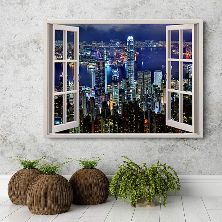 Feeby Wandbild Wolkenkratzer Druckbild Leinwandbild Fenster-Illusion Blau 90x60 cm Leinwandbild 90x6