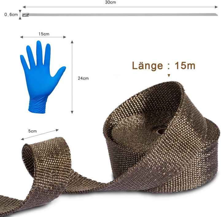 LIHAO Hitzeschutzband 15M Basaltfaser Auspuffband mit Kabelbinder für Fächerkrümmer Thermoband Krümm