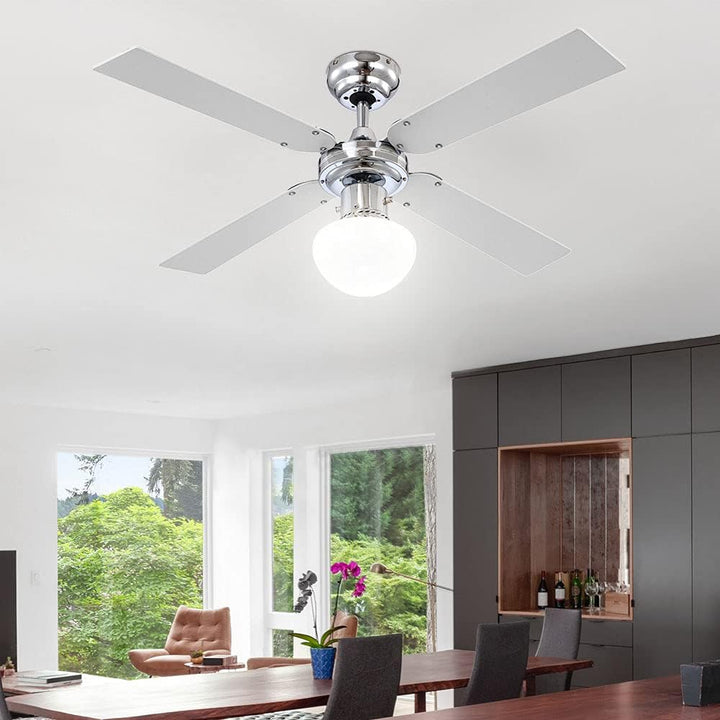 Globo E27 Deckenventilator mit Chrom Klingen, silberfarben/Weiss 105 cm Wendeblätter