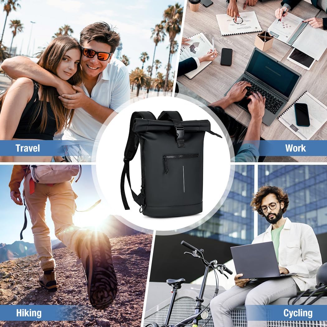Lekeinchi Rolltop Rucksack Wasserdicht für Damen & Herren, Grosser, mit Computerfach für 17 Zoll Lap