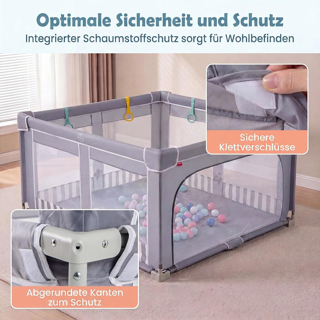 DREAMADE Laufstall Baby Faltbar, 150 x 150 x 76,5 cm Laufgitter mit 50 Ozeanbällen, 4 Haltegriffen &amp;