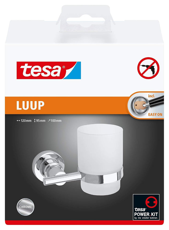 tesa LUUP Zahnputzbecher mit Halterung - Becher aus satiniertem Glas, verchromte Wandhalterung - zur
