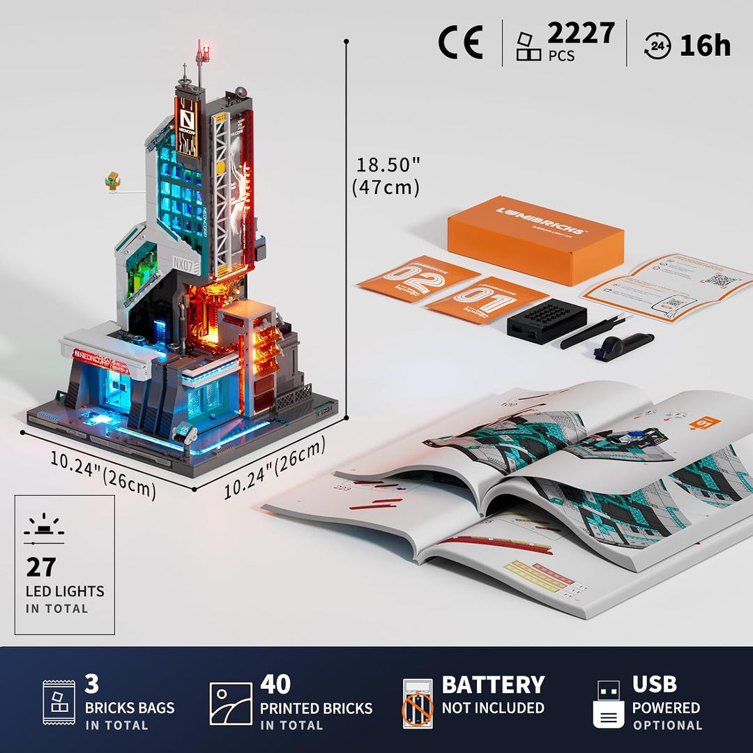 Lumibricks Neon Tech Tower Beleuchtetes Klemmbaustein-Set, 2227 Teile Cyberpunk-Wolkenkratzer mit 27