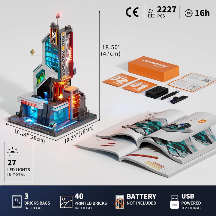 Lumibricks Neon Tech Tower Beleuchtetes Klemmbaustein-Set, 2227 Teile Cyberpunk-Wolkenkratzer mit 27