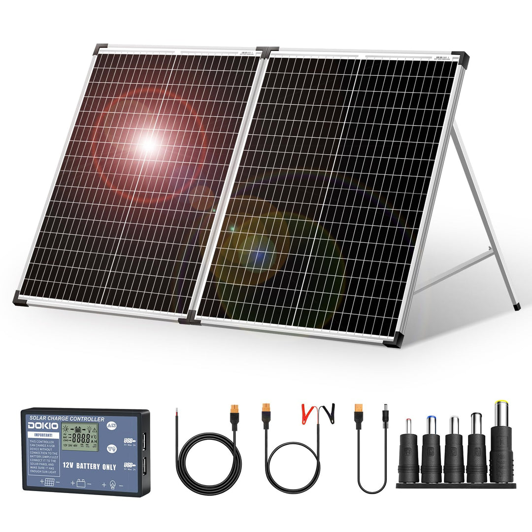 DOKIO Faltbares mobiles Solar-Panel 100 Watt mit monokristallinen Zellen, Integrierter 12-Volt-Lader