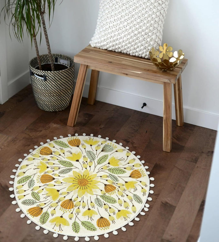 Uphome Runder Teppich, 51 cm, niedlicher Badteppich mit Pompons, Fransen, Blumenmuster, waschbar, Ba
