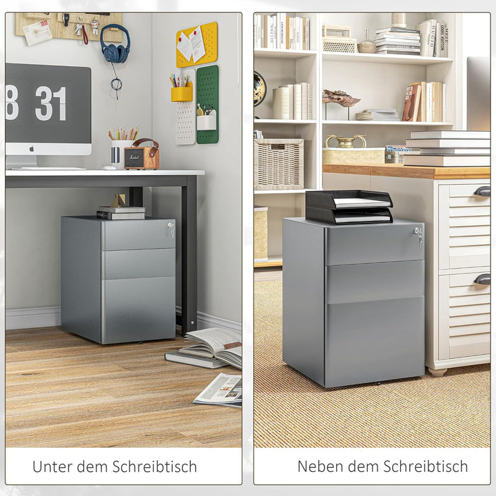 Vinsetto Rollcontainer, mobiler Aktenschrank mit 3 Schubladen, abschliessbarer Büroschrank mit Hänge