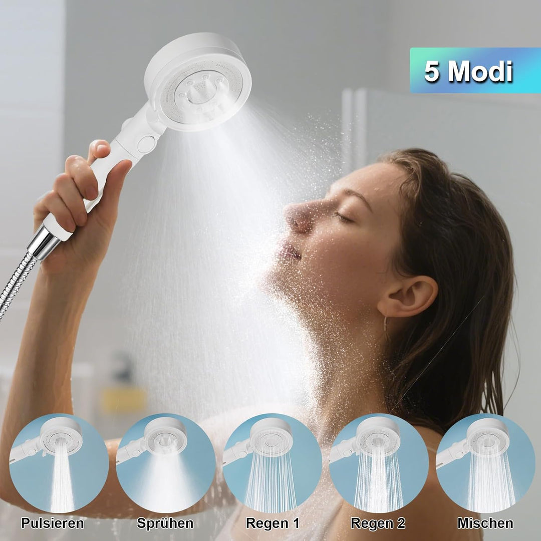 Duschkopf mit 4 PP Filter, Hochdruck Duschkopf Weiss | Handbrause mit 5 Sprühmodi, wassersparender D