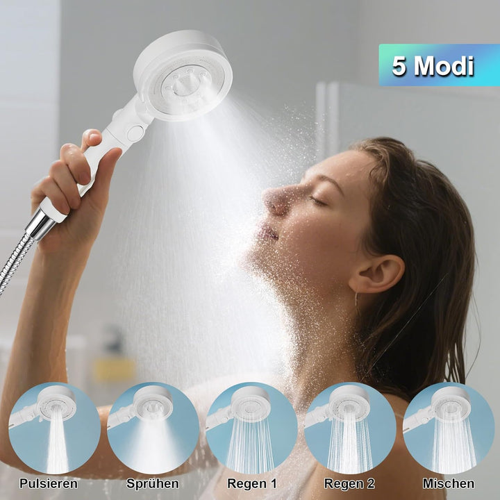 Duschkopf mit 4 PP Filter, Hochdruck Duschkopf Weiss | Handbrause mit 5 Sprühmodi, wassersparender D