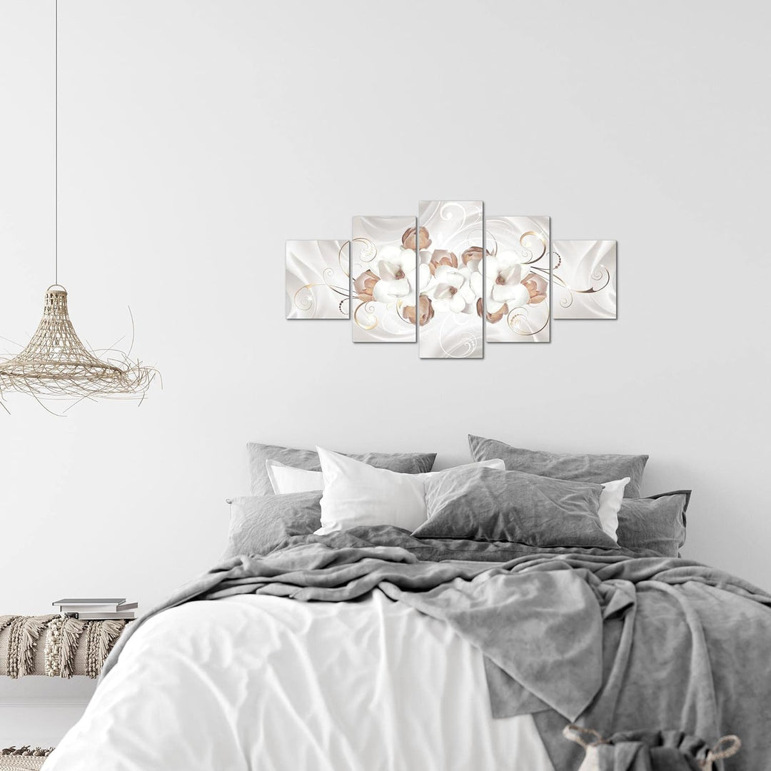 Runa Art Wandbilder Blumen Magnolien 5 Teilig Bild auf Vlies Leinwand Deko Wohnzimmer Abstrakt Grau