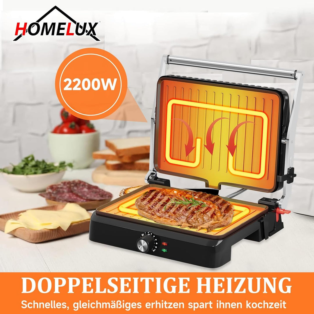 HOMELUX Kontaktgrill 2200W Panini Grill Sandwichmaker für Sandwiches, Steakmit 34x23cm Antihaftplatt