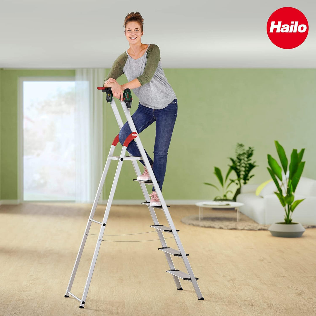 Hailo L75 ComfortLine Alu-Sicherheits-Stehleiter Jubiläumsmodell | 5 XXL-Stufen bis 150 kg | Stehlei