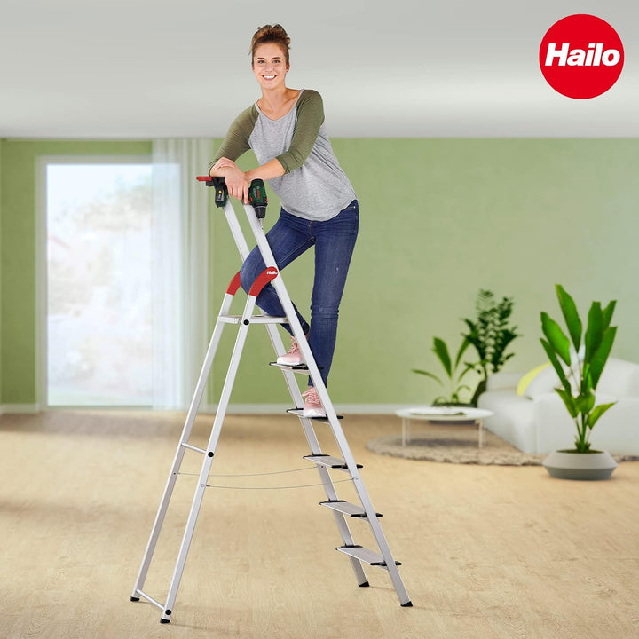 Hailo L75 ComfortLine Alu-Sicherheits-Stehleiter Jubiläumsmodell | 5 XXL-Stufen bis 150 kg | Stehlei