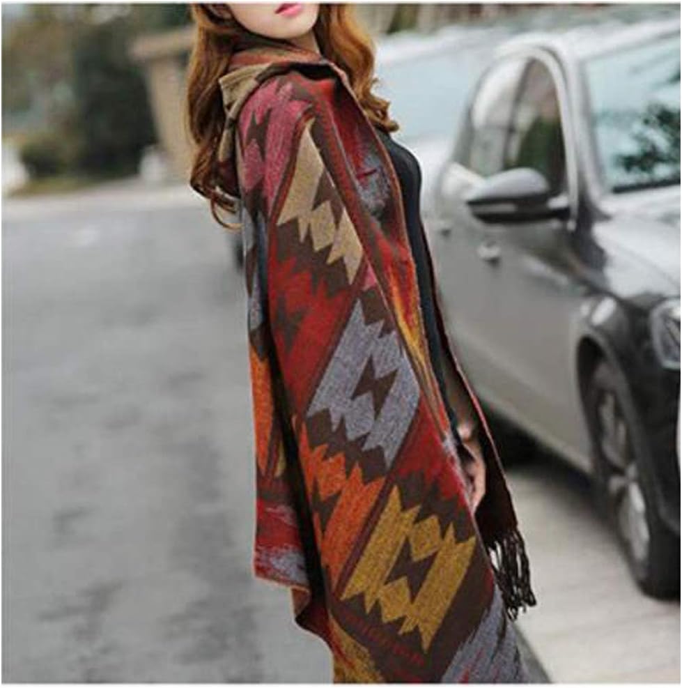 MeiPing Damenmode Croissant Button Bohemian Fringe Blended Kaschmir Kapuzen Cape Kaffee 1, Kaffee 1