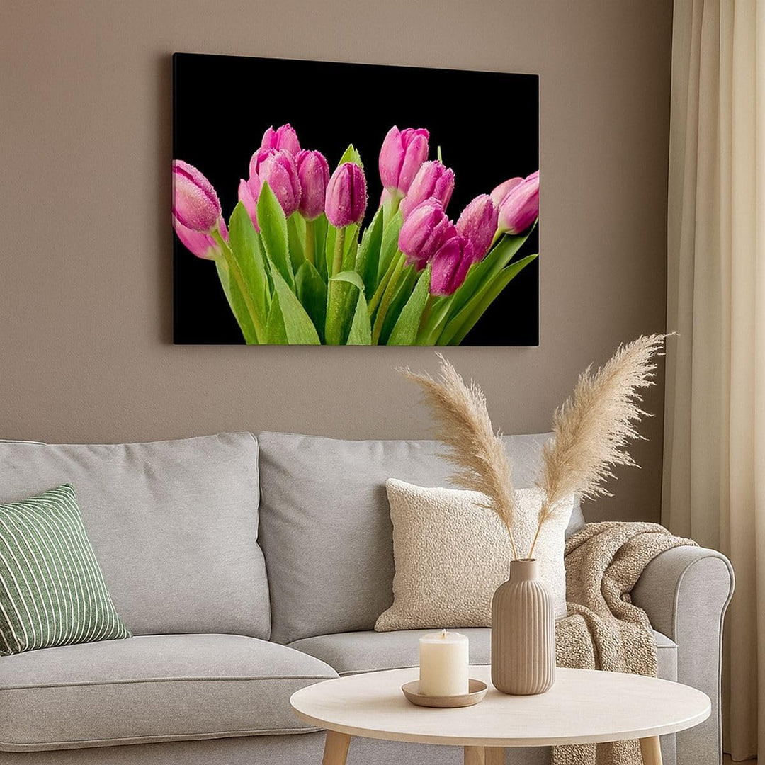 Bilder auf Leinwand 100x70cm Leinwandbild Tulpen Blumenstrauss Tau Tropfen Gross Wanddeko Bild Schla