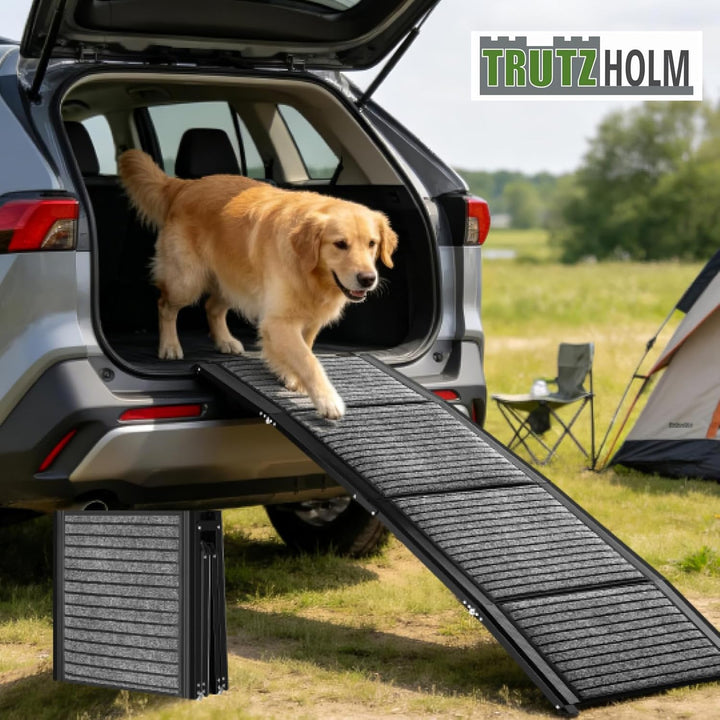 TRUTZHOLM Hunderampe klappbar 158 cm, Autorampe für Hunde, bis 110 kg Tragkraft, 4-Fach klappbar, Al