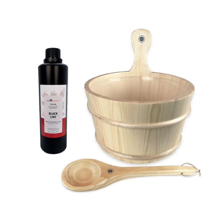 SudoreWell® Sauna Set mit Saunakübel + Saunakelle aus hochwertigem Pinienholz plus Saunaduft 500ml W