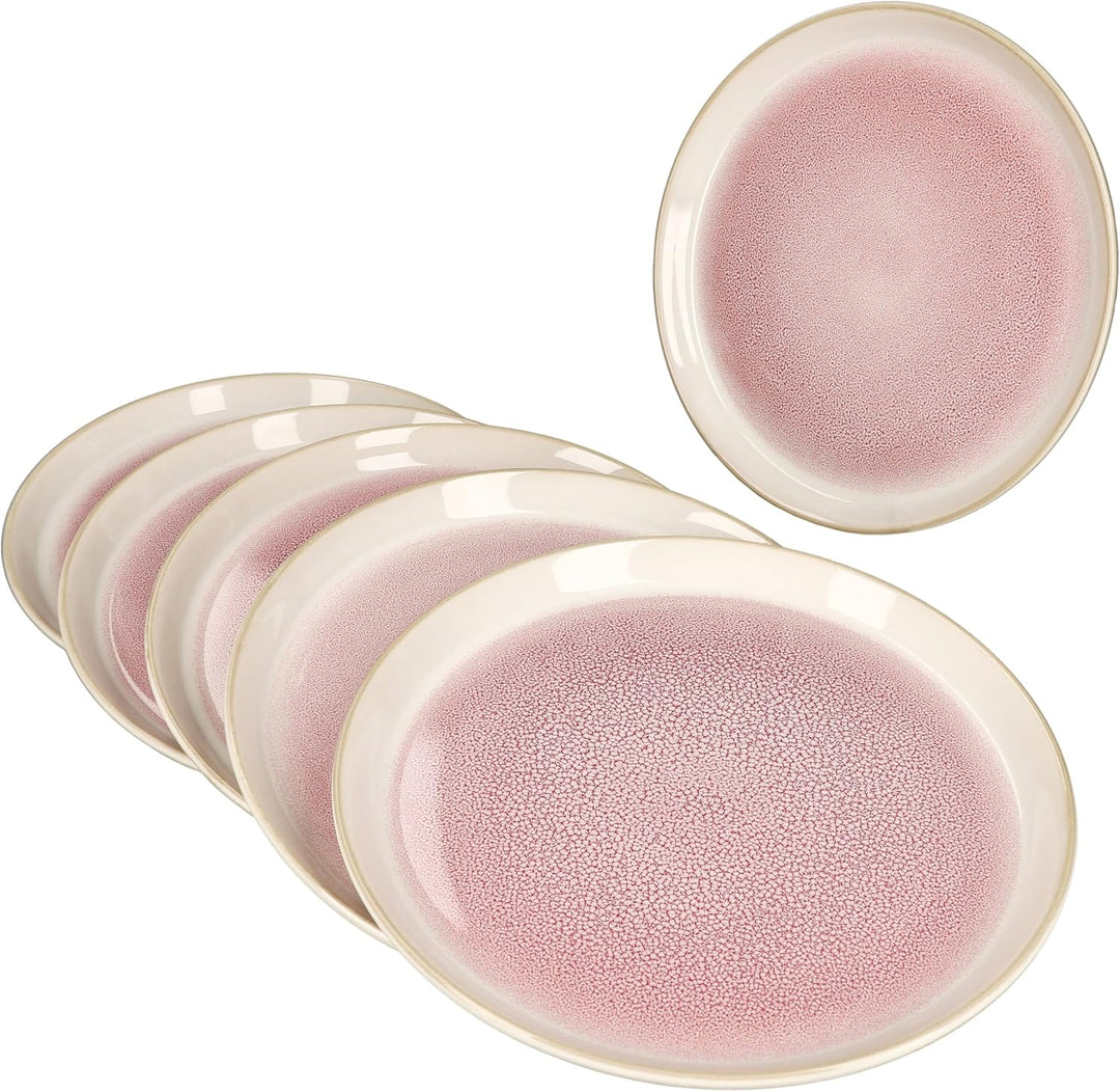 MamboCat 6er Set Reactive Glaze Paris Kuchenteller I Creme &amp; Pink I Steingut-Frühstücksteller für 6