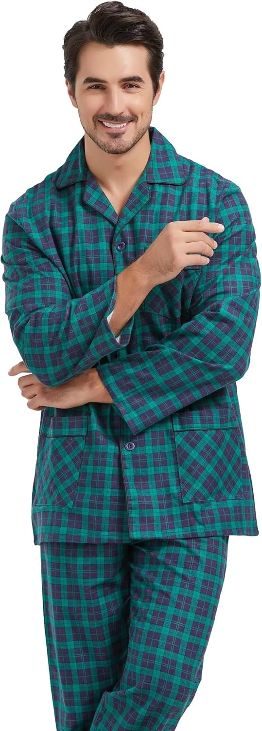 Amaxer Flanell Schlafanzug Herren 100% Baumwolle Pyjama mit Knopfleiste Set Lang Warmer Winter Schla