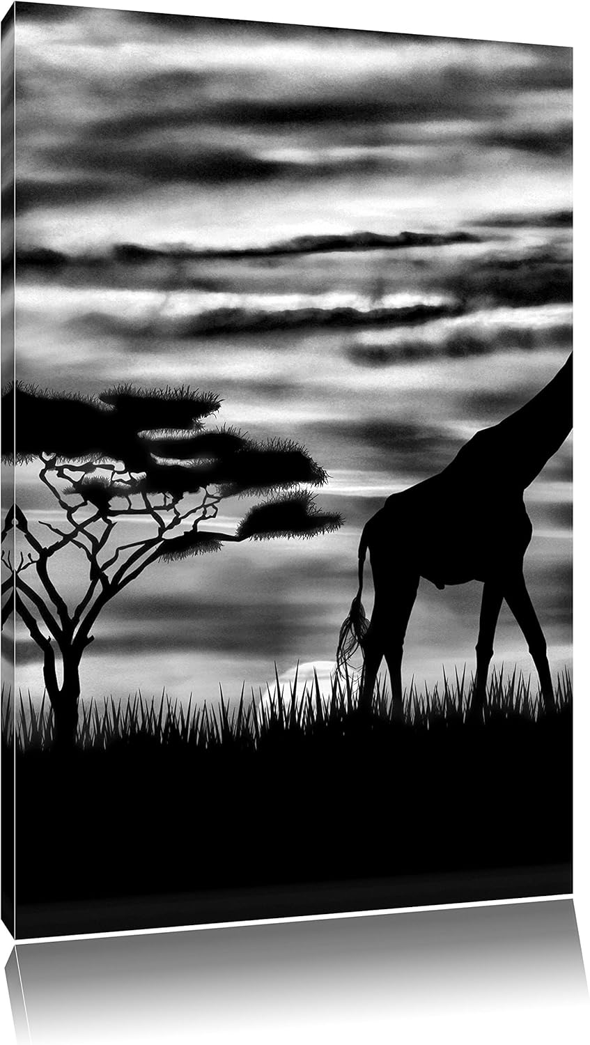 Pixxprint Monocrome, Afrika Giraffen im Sonnenuntergang, Format: 100x70 auf Leinwand, XXL riesige Bi