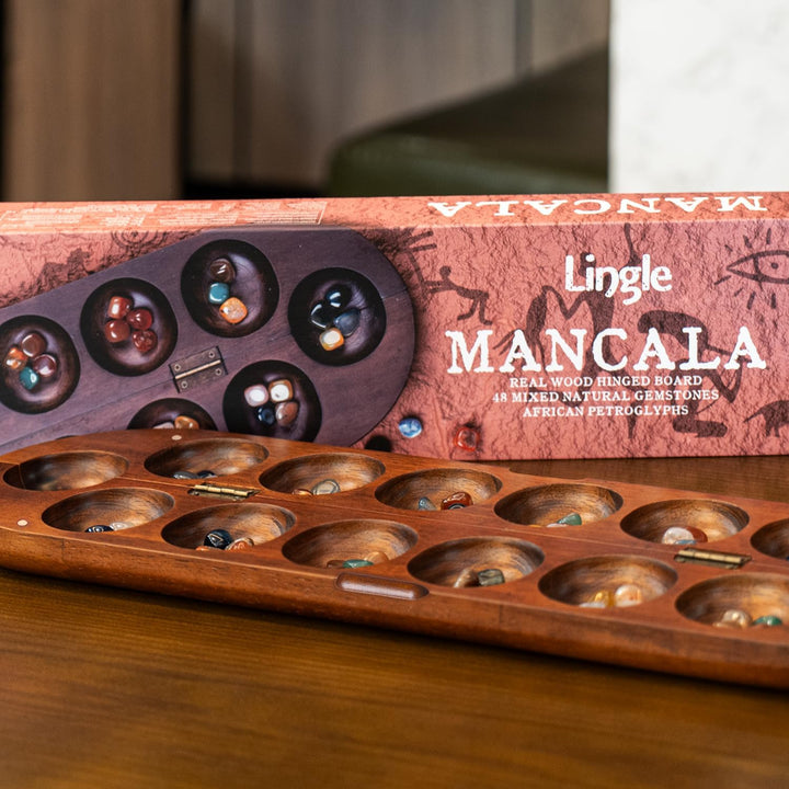 Luxus-Mancala-Set: Echtholz-Scharnierbrett mit 48 gemischten natürlichen Edelsteinen - Authentische