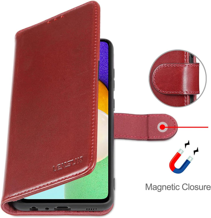 LENSUN Echtleder Hülle für Samsung Galaxy A52, A52s 5G Handyhülle [Echtes Leder] [Magnet] Flip Leder