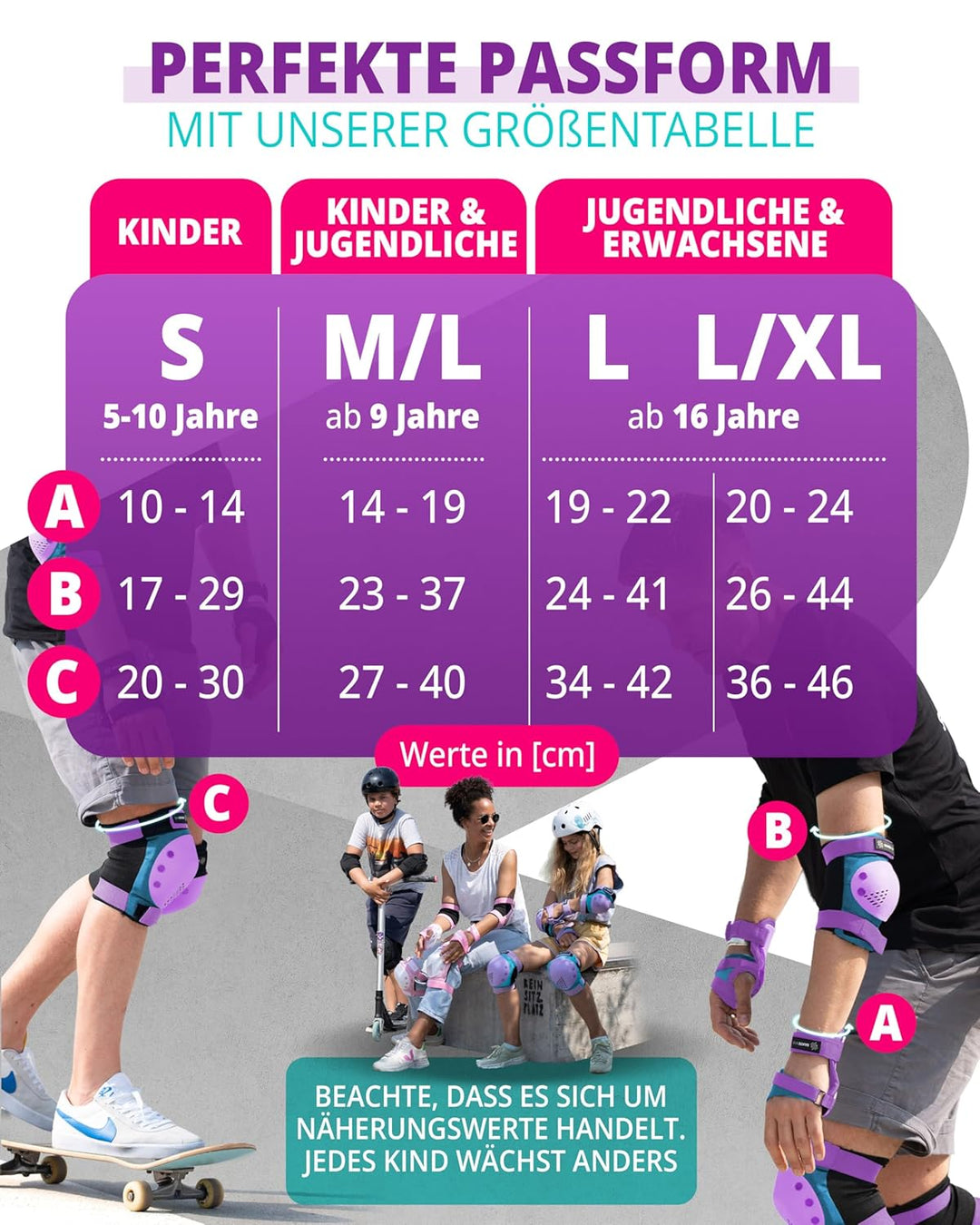 SKATEWIZ Skate Protektoren für Kinder &amp; Erwachsene in 6 Farben - Knieschützer Kinder Set [6pc] SMASH