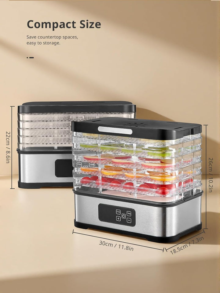 Dörrautomat mit 5 Ebenen, Kompakter Lebensmittel-Dörrer mit LED-Anzeige, 250W Trockner für Fleisch,