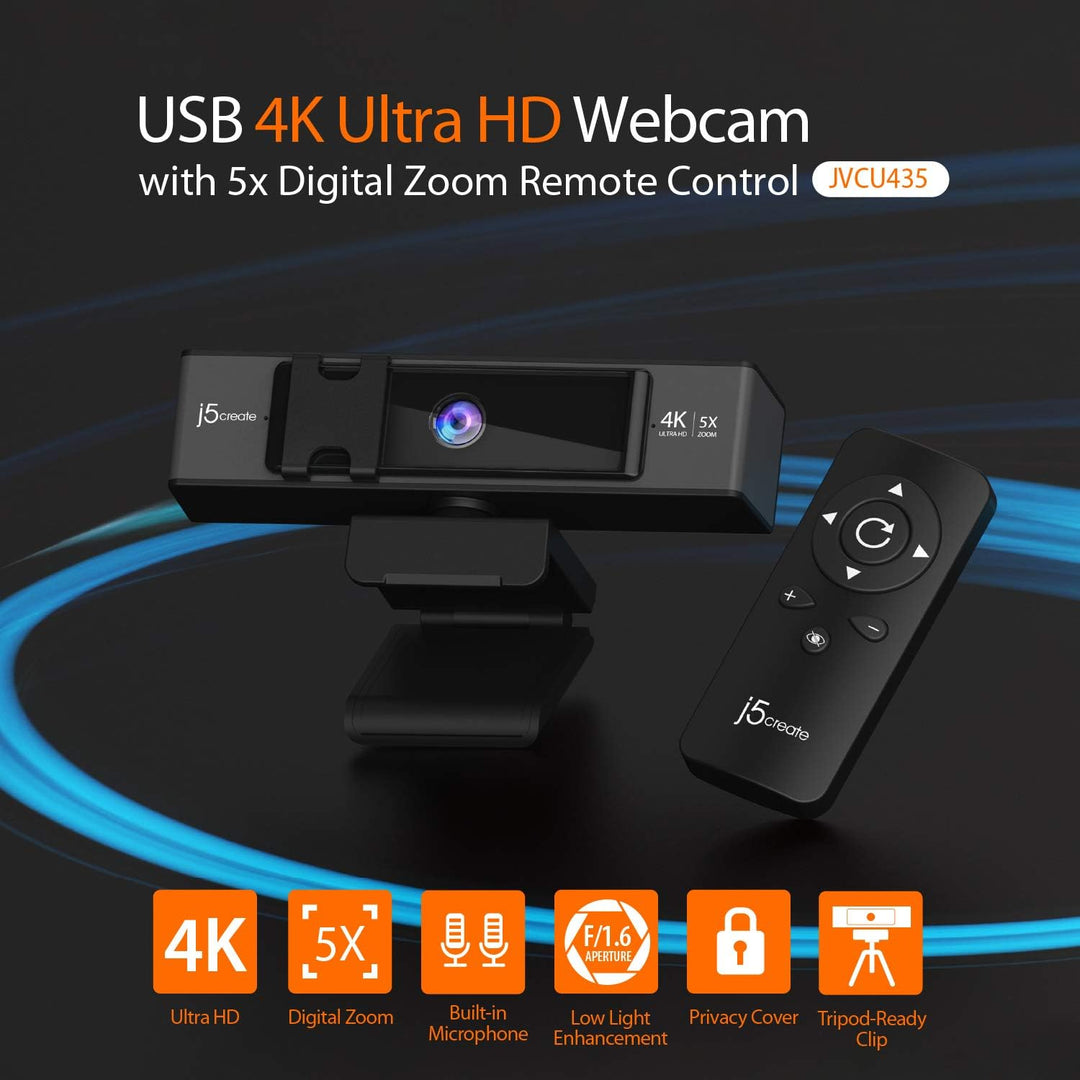 j5create 4K-Ultra-HD-Webcam mit 5X Digitalzoom, Sichtschutz, Zwei High-Fidelity-Mikrofonen, Fernbedi