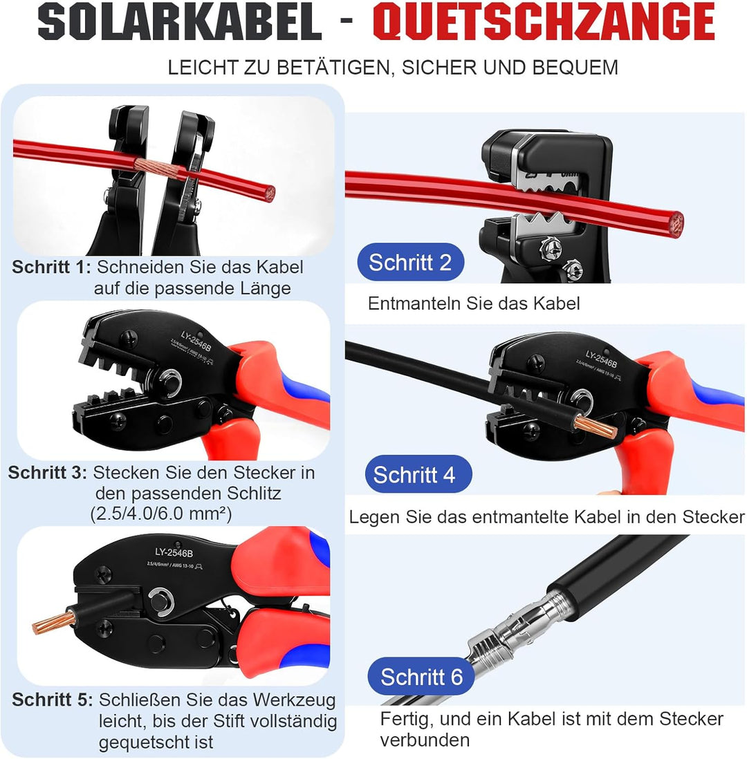 Solar Crimpzange für 2.5/4/6 mm² Solarpanel Solarkabel, 10 Paar Männlich Weiblich Solarstecker, 1 St