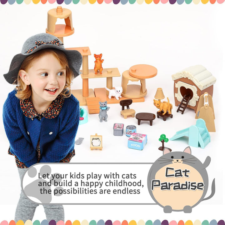46 Stück Katze Puppenhaus Zubehör, Katzenfiguren Spielset, Wichtel Zubehör, Katzenbaum Katzenhaus Ka