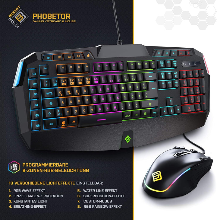 BoostBoxx Phobetor - Gaming Tastatur & Maus Set mit RGB-Beleuchtung - QWERTZ-Tastatur mit programmie
