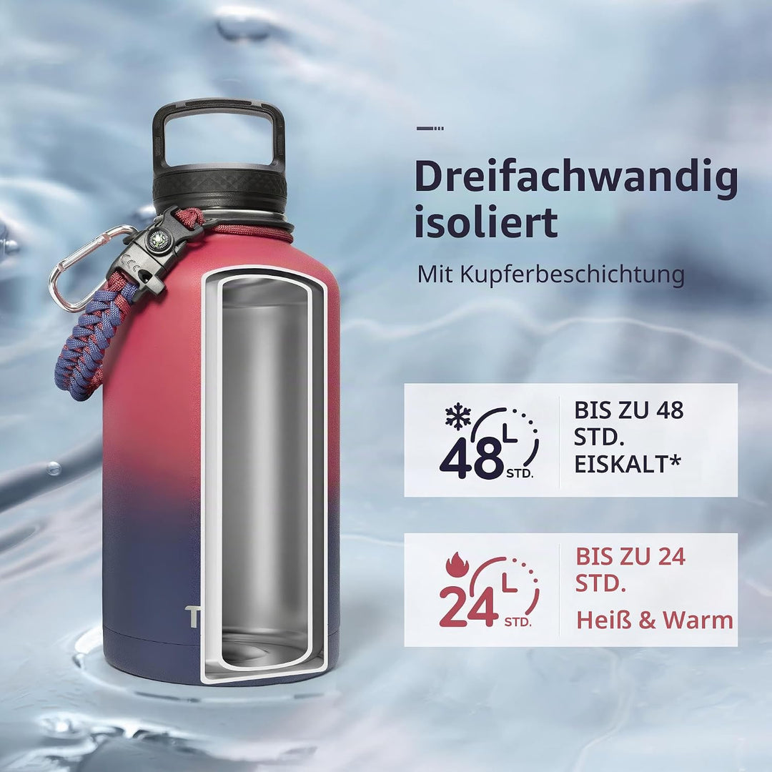 Thermosflasche mit Strohhalm 2L, Trebo Trinkflasche Edelstahl mit Paracord-Griff & 3 Deckeln, Edelst