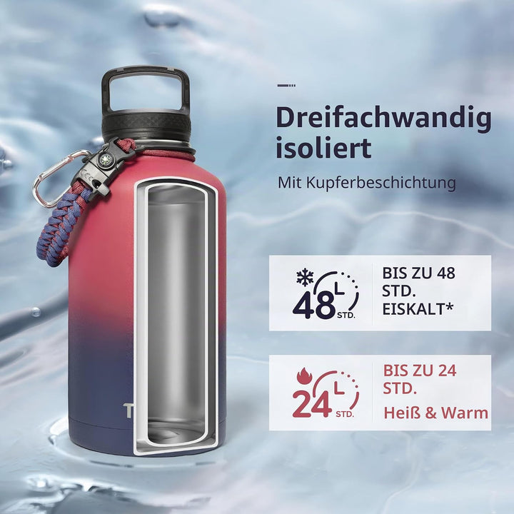 Thermosflasche mit Strohhalm 2L, Trebo Trinkflasche Edelstahl mit Paracord-Griff & 3 Deckeln, Edelst