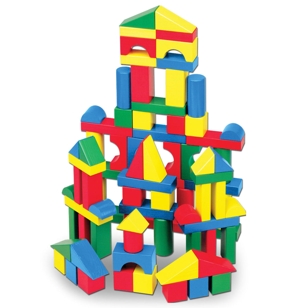 Melissa & Doug - Bauklötzchenset aus Holz (pädagogisches Spielzeug, 100 Blöcke in 4 Farben und 9 For