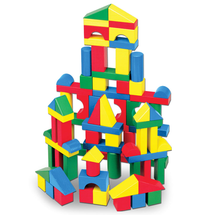 Melissa & Doug - Bauklötzchenset aus Holz (pädagogisches Spielzeug, 100 Blöcke in 4 Farben und 9 For