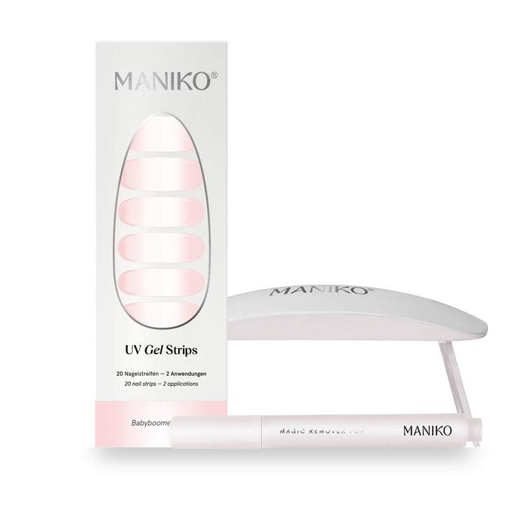 Maniko UV Gel Strip Komplettset Rose Babyboomer (Rosa Weiss) – UV Nagelsticker mit UV Lampe &amp; Remove