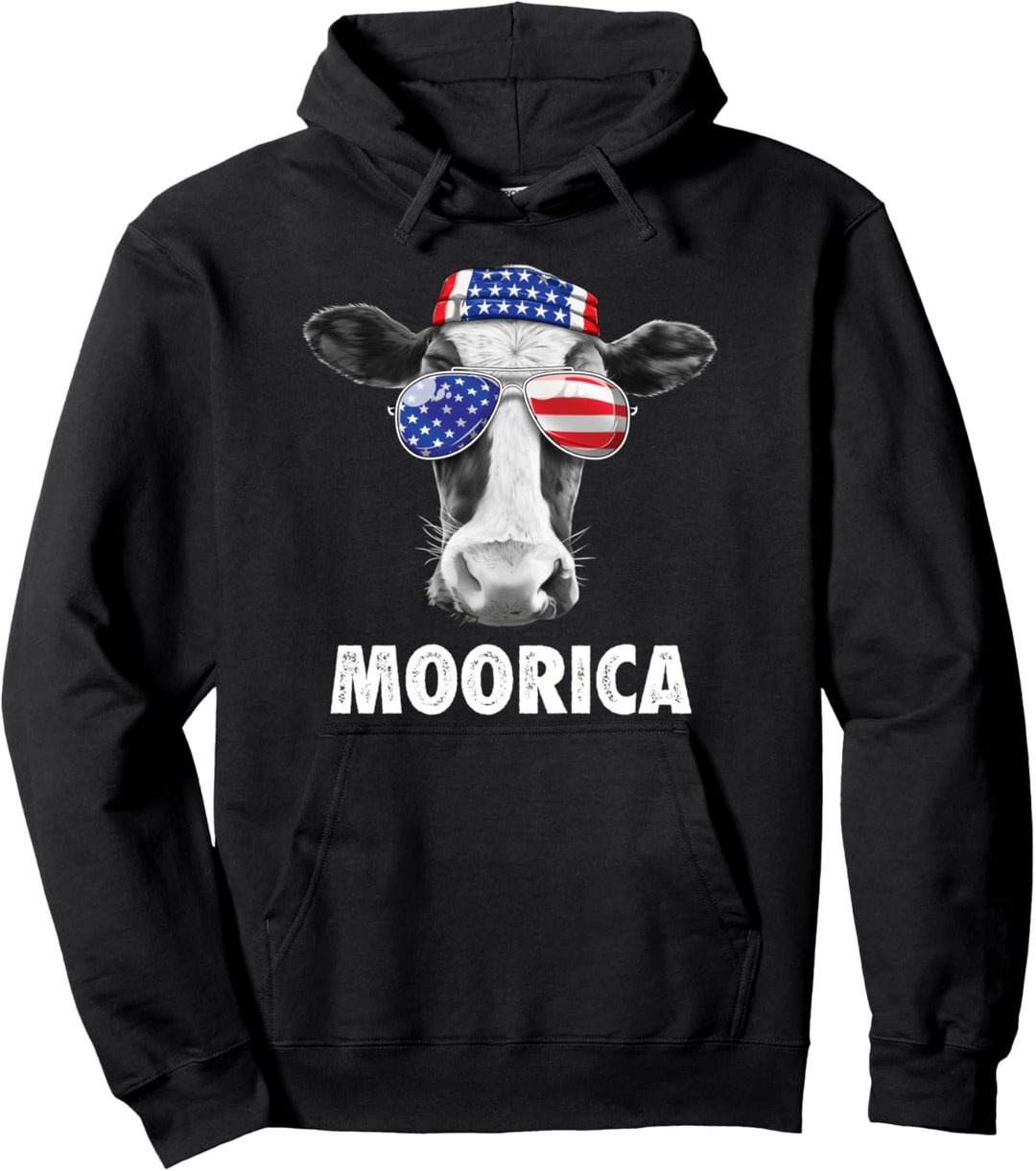Cow 4th of July Moorica Merica Men American Flag Sunglasses Pullover Hoodie
