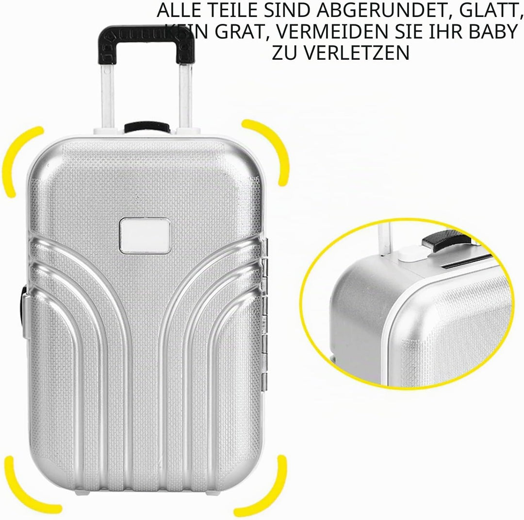 Wakects Reisekoffer für Puppen, Trolley in Mini-Grösse mit Rollkoffer, offen und geschlossen, silber