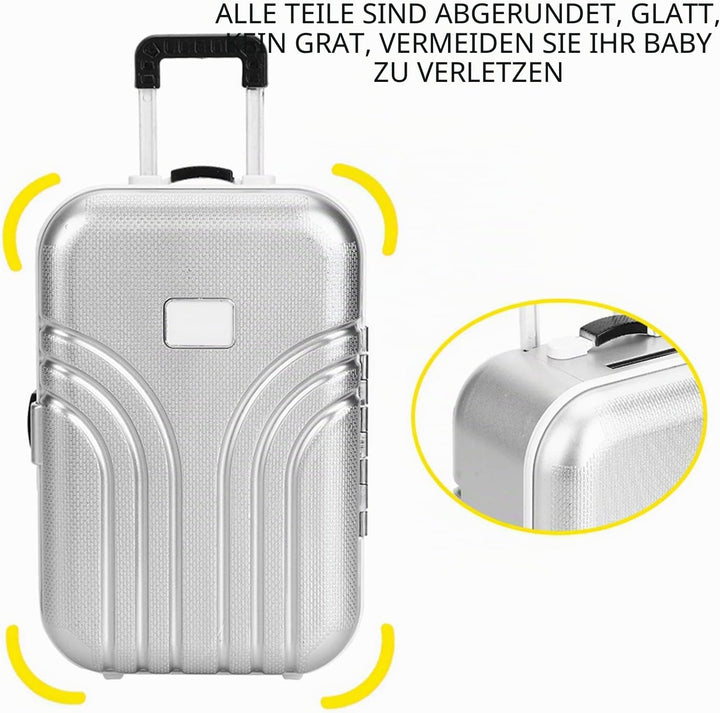 Wakects Reisekoffer für Puppen, Trolley in Mini-Grösse mit Rollkoffer, offen und geschlossen, silber