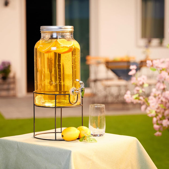 Relaxdays Getränkespender mit Ständer, Zapfhahn & Deckel, 3,3 Liter, Glas, Wasserspender, Limonadens