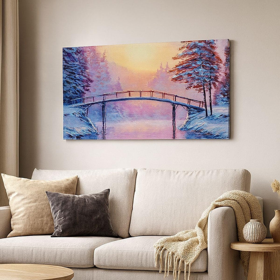 Wandbilder Dekoration Wohnzimmer Park Winter Brücke Panorama Bilder auf Leinwand 120x50cm Leinwandbi