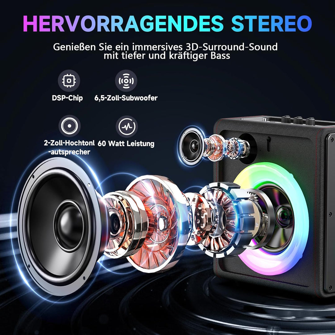 Karaoke Maschine mit 2 drahtlosen Mikrofones, Tragbaren Bluetooth 5.3 Karaoke Anlage Lautsprecher mi