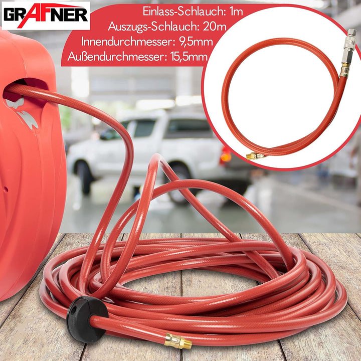 Grafner 20m Druckluftschlauch Aufroller automatisch, 1/4" Anschluss, incl. 180° schwenkbarem Wandsch